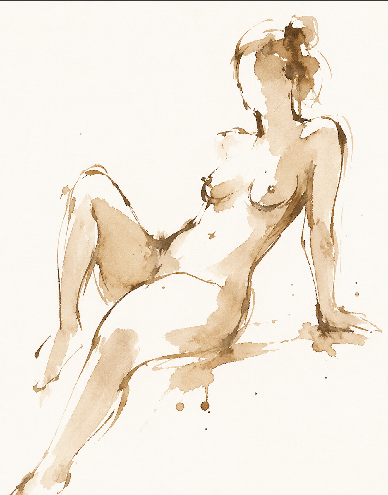 A minimalist watercolor and ink sketch of a reclining nude female figure, rendered in warm brown and beige tones on a white background.